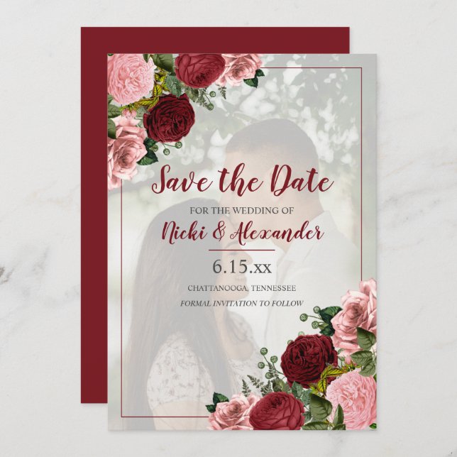 Invitation Burgundy Blush rose Mariage Floral Enregistrer Dat (Devant / Derrière)