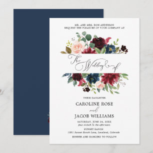 Invitation Burgundy Blush Rose Navy Blue Floral Mariage