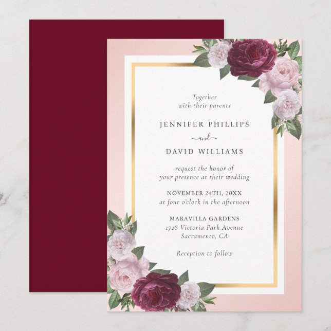 Invitation Burgundy Blush Rose or Mariage Floral (Devant / Derrière)