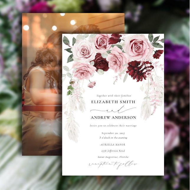 Invitation Burgundy Blush Rose Roses Floral Mariage photo (Créateur téléchargé)
