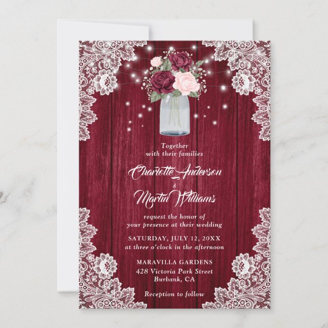 Invitation Burgundy Blush Roses Mason Jar Rustic Mariage (Devant)