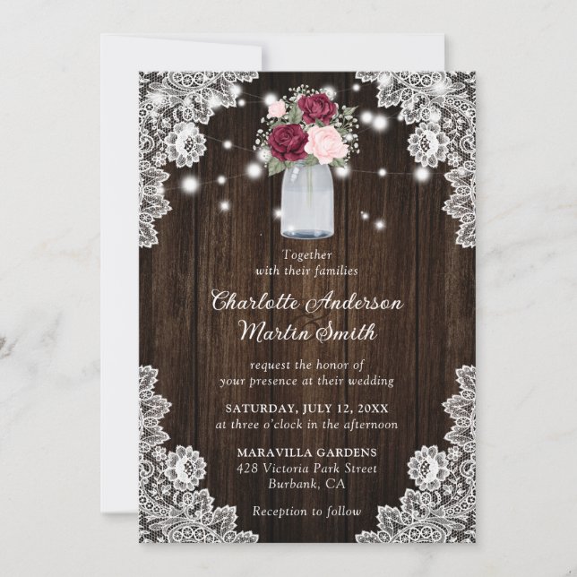 Invitation Burgundy Blush Russe dentelle de bois Mariage Flor (Devant)