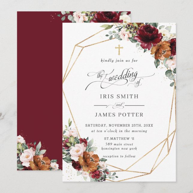 Invitation Burgundy Blush Rust Orange Floral Church Wedding   (Devant / Derrière)