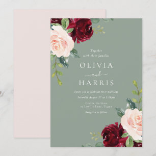 Invitation Burgundy Blush & Sage Floral Aquarelle Mariage