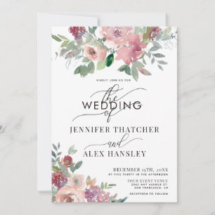 Invitation Burgundy Blush Script Floral QR Code Mariage