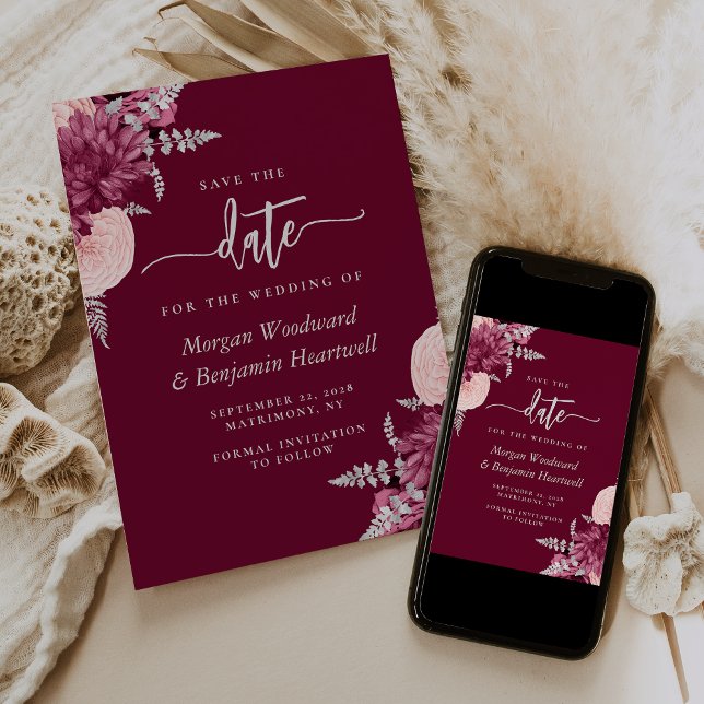 Invitation Burgundy Blush Silver Floral Wedding Enregistrer l (Créateur téléchargé)