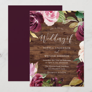 Invitation Burgundy Blush Watercolor Fleurs Mariage rustique