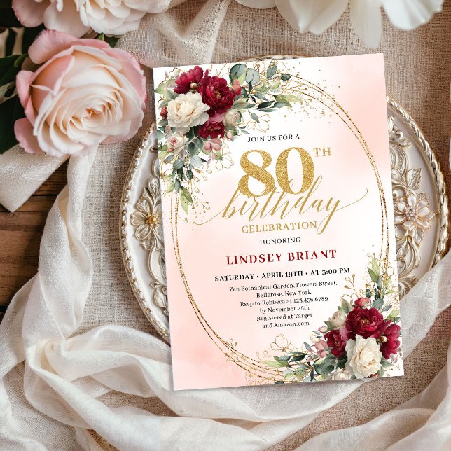 Invitation Burgundy Bohemian Chic 80th Birthday Celebration  (Burgundy Bohemian Chic 80th Birthday Celebration Invite)