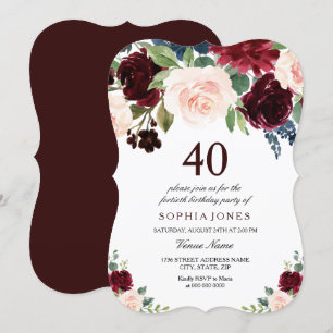 Invitation Burgundy Boho Aquarelle Blush 40e fête d'anniversa
