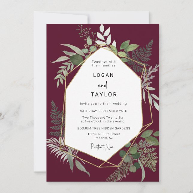 Invitation Burgundy Botanical Greenery Gold QR Code Photo (Devant)