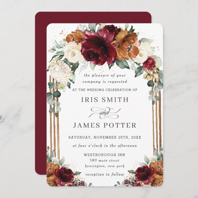 Invitation Burgundy Burnt Orange Ivory Floral Arch Wedding (Devant / Derrière)