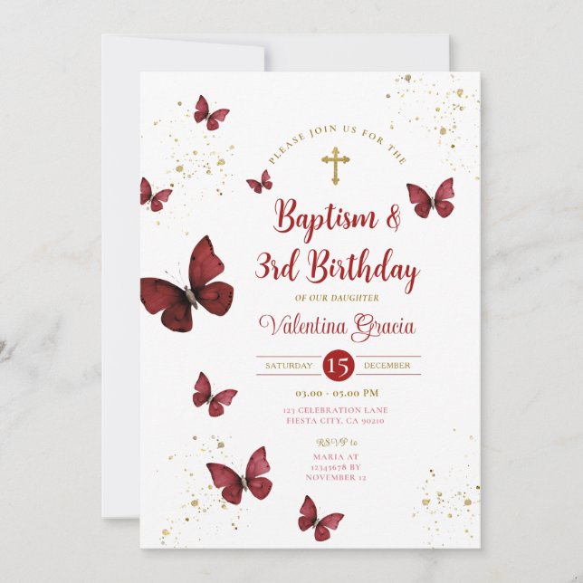 Invitation Burgundy Butterfly Girl 3ème Anniversaire Baptême  (Devant)