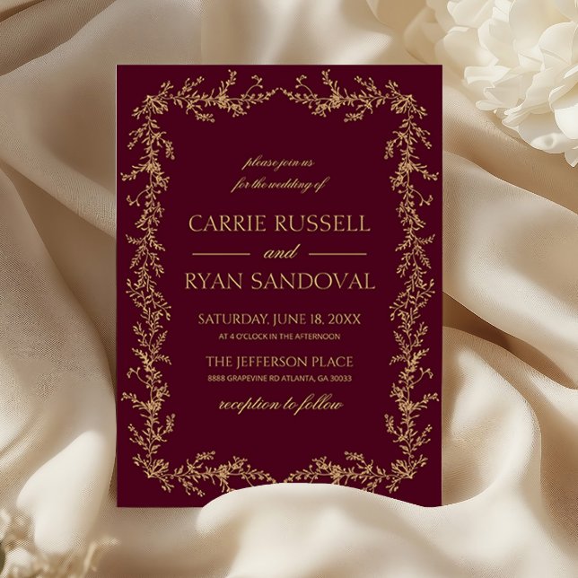 Invitation Burgundy Champagne Hand Drawn Floral Frame Wedding (Créateur téléchargé)