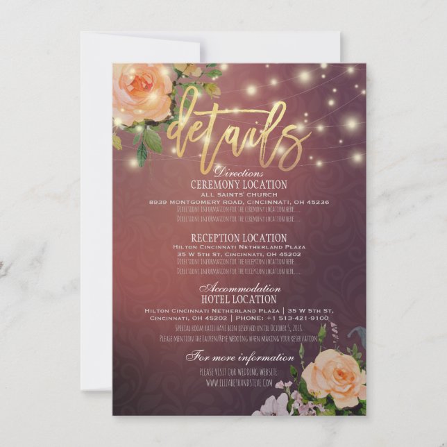 Invitation Burgundy Chic Floral String Lights Mariage Détail (Devant)