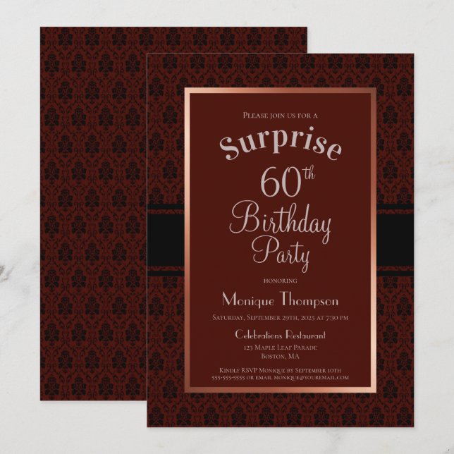 Invitation Burgundy Copper Surprise 60e anniversaire fête (Devant / Derrière)