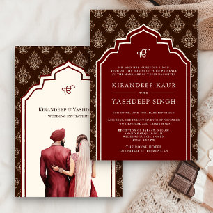 Invitation Burgundy Crème Marron Ikat Anand Karaj Mariage Sik