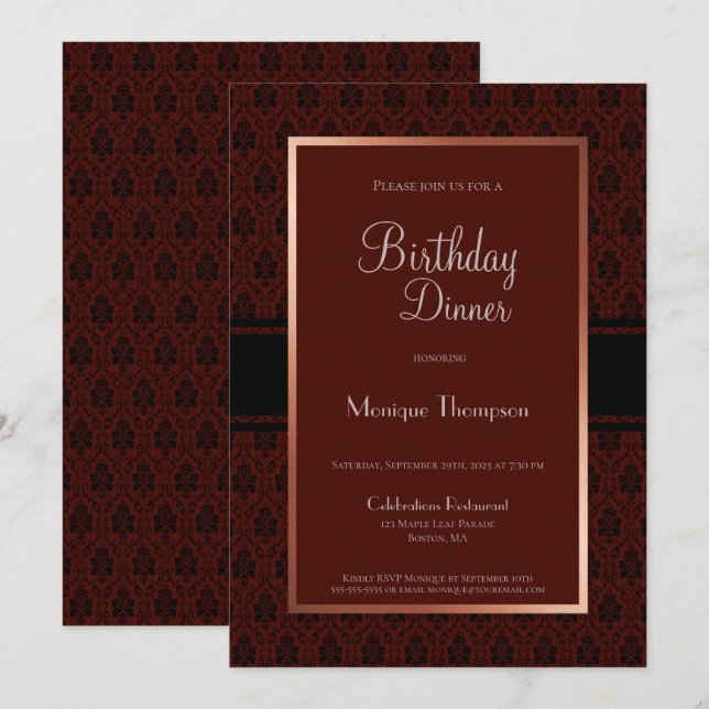 Invitation Burgundy Damask Anniversaire Dîner (Devant / Derrière)