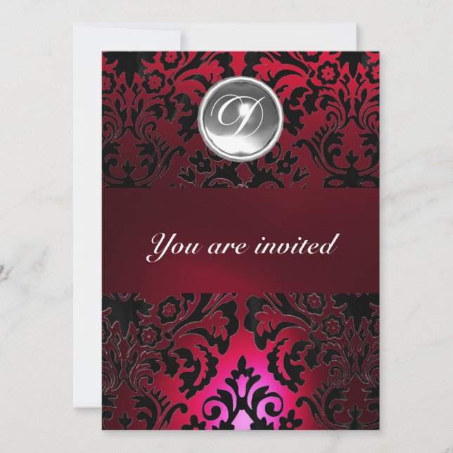 INVITATION BURGUNDY DAMASK GEMME NOIRE & ROUGE MONOGRAMME (Devant)