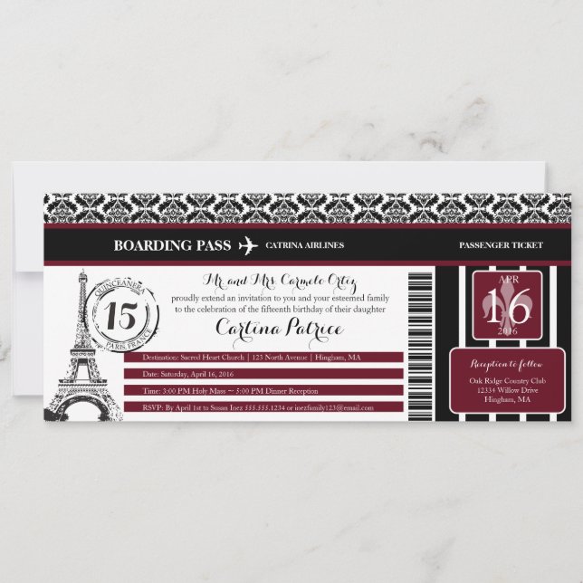 Invitation Burgundy Damask Quinceanera Paris Embarquement Pas (Devant)