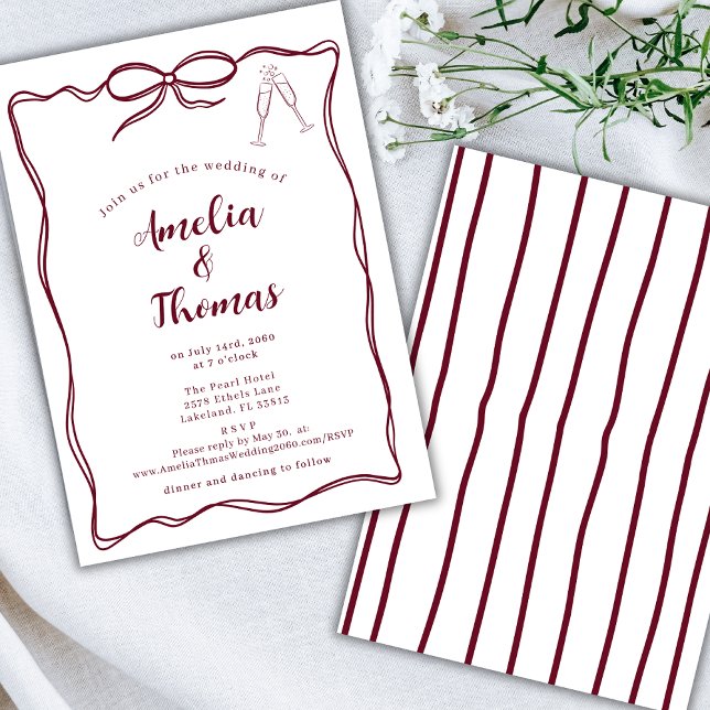 Invitation Burgundy Dessin à la main Doodle Wavy Border Bow M (Créateur téléchargé)