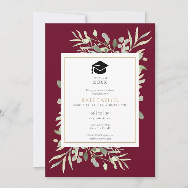Invitation Burgundy Elegant Green Photo Graduation Party I (Devant)