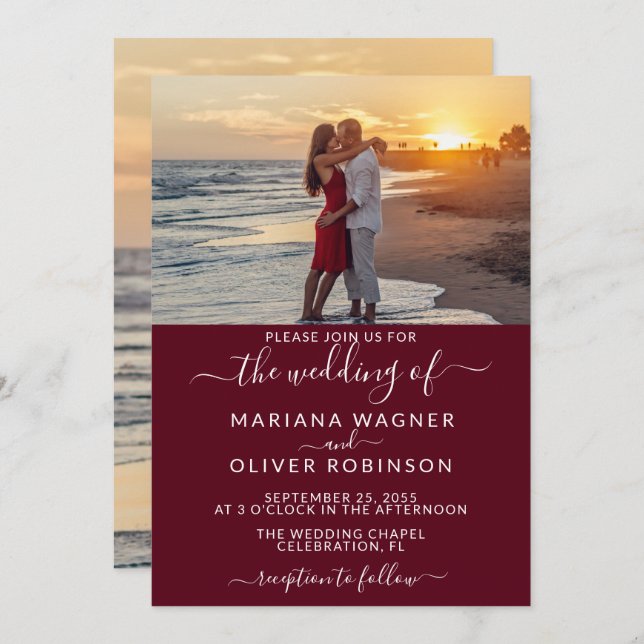 Invitation Burgundy Elegant Script Mariage photo (Devant / Derrière)