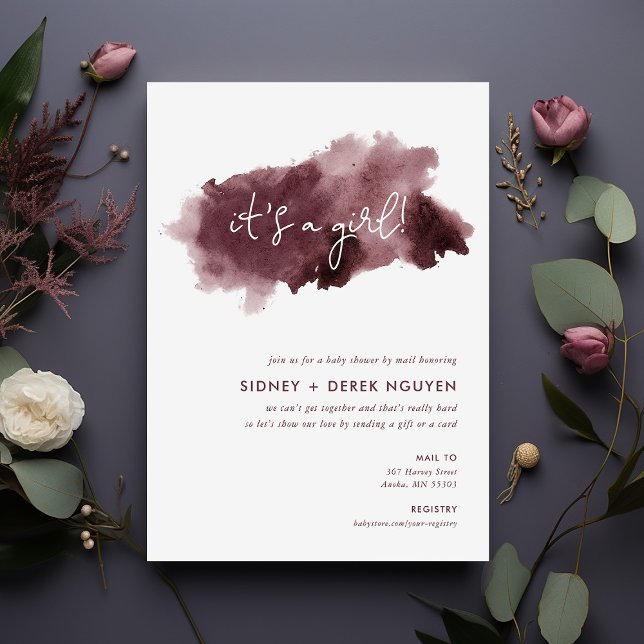 Invitation Burgundy Enk Wash Girl Baby shower par courrier (Créateur téléchargé)