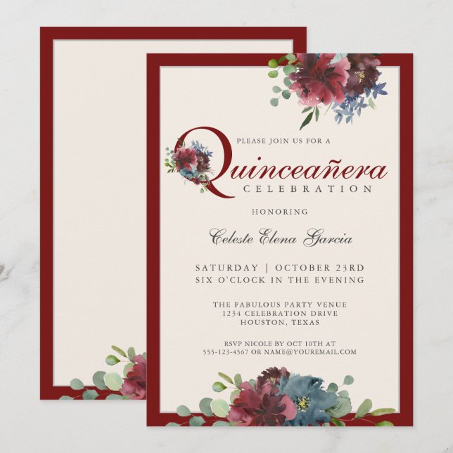 Invitation Burgundy et bleu aquarelle Quinceanera florale (Devant / Derrière)