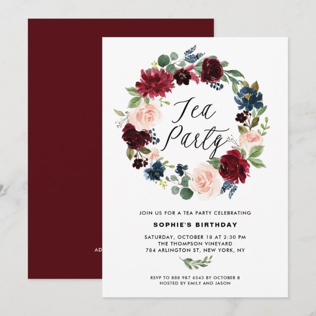 Invitation Burgundy et Blue Floral Wreath Tea Party (Devant / Derrière)