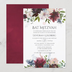 Invitation Burgundy et blush aquarelle floral Bat Mitzvah