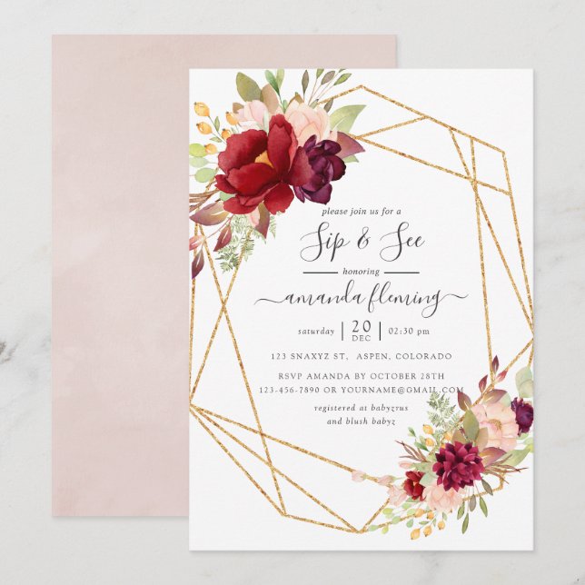 Invitation Burgundy et Blush Boho Sip géométrique Voir (Devant / Derrière)