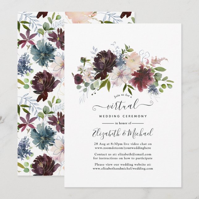 Invitation Burgundy et Blush Floral Mariage virtuel en ligne (Devant / Derrière)