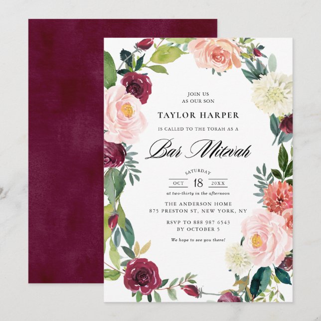 Invitation Burgundy et Blush Floral Wreath Fall Bar Mitzvah (Devant / Derrière)