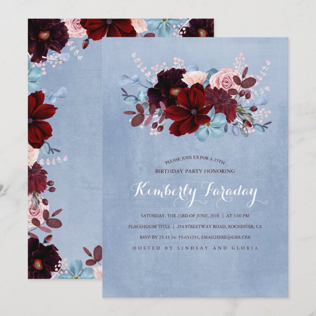 Invitation Burgundy et Dusty Blue Floral fête d'anniversaire (Devant / Derrière)