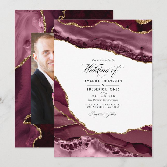 Invitation Burgundy et Gold Agate Mariage Photo (Devant / Derrière)