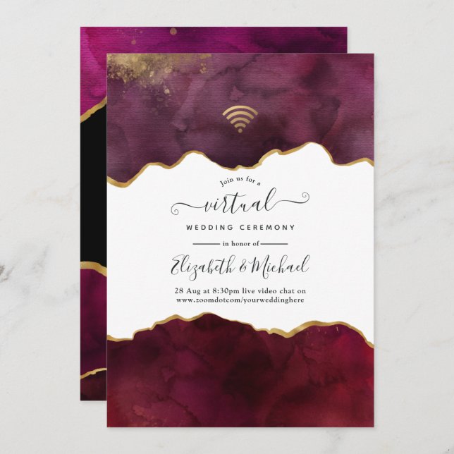 Invitation Burgundy et Gold Agate Mariage virtuel (Devant / Derrière)