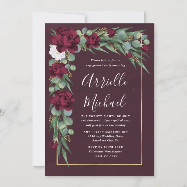 Invitation Burgundy et Gold Floral Fall Engagement Party (Devant)