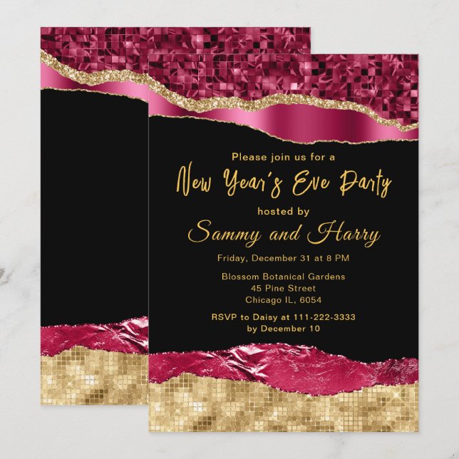 Invitation Burgundy et Gold Glam Larmes fête de la Saint-Sylv (Devant / Derrière)