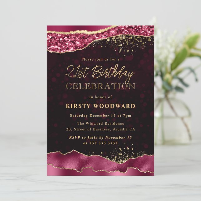 Invitation Burgundy et Gold Glam Tears Edge 21e anniversaire (Debout devant)