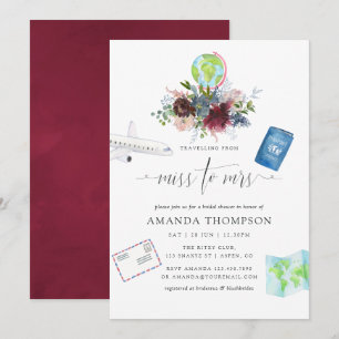 Invitation Burgundy et Navy Floral Miss To Mrs Enterrement de