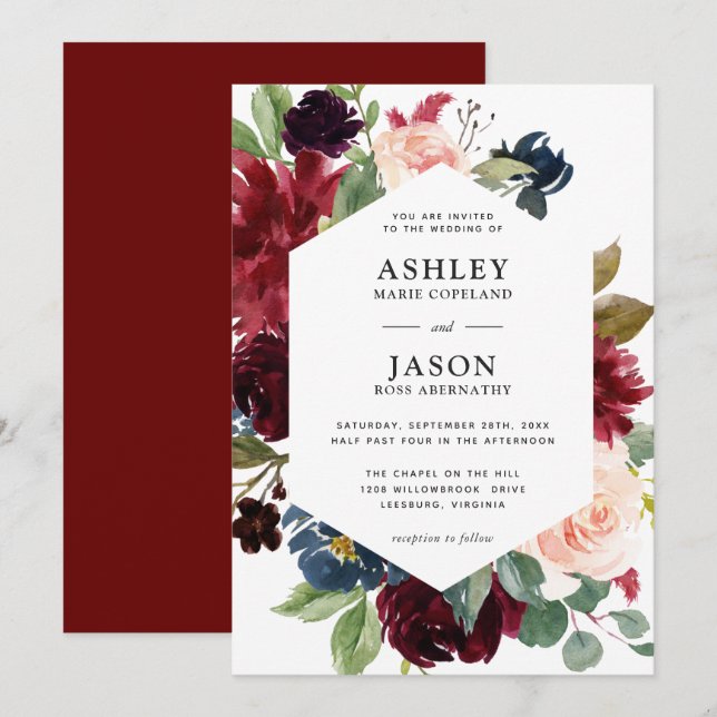 Invitation Burgundy et Navy Mariage floral d'aquarelle bleu (Devant / Derrière)