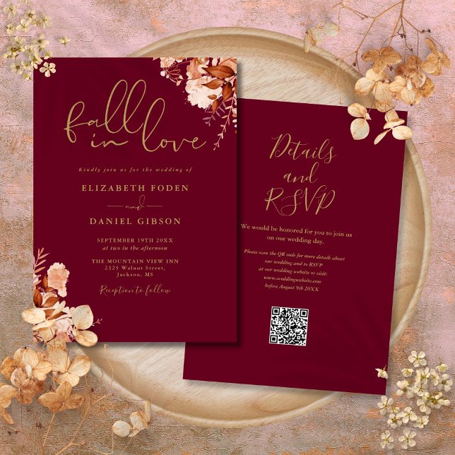 Invitation Burgundy Et Or Rustique Floral QR Code Mariage (Burgundy And Gold Rustic Floral QR Code Wedding Invitation)