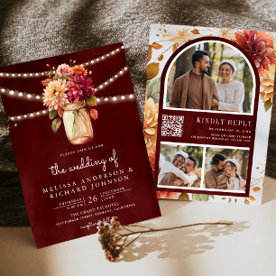 Invitation Burgundy Fall Dahlia Mason Jar QR Code Mariage