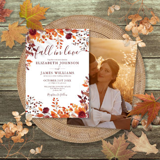 Invitation Burgundy Fall In Love Automne Floral Photo Mariage