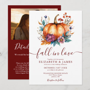 Invitation Burgundy Fall In Love Citrouille Photo QR Mariage