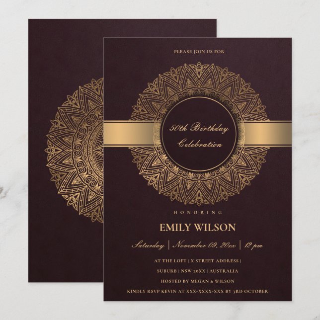 INVITATION BURGUNDY FAUX GOLD MANDALA TOUTE ANNÉE 50E ANNIVER (Devant / Derrière)