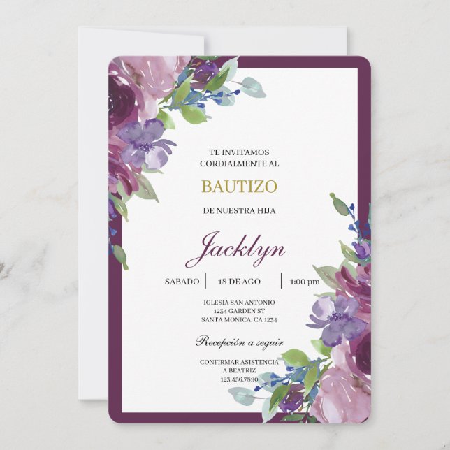 Invitation Burgundy floral baptism  (Devant)