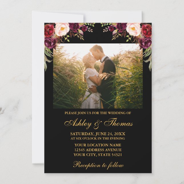 Invitation Burgundy Floral Black Gold Mariage Photo (Devant)
