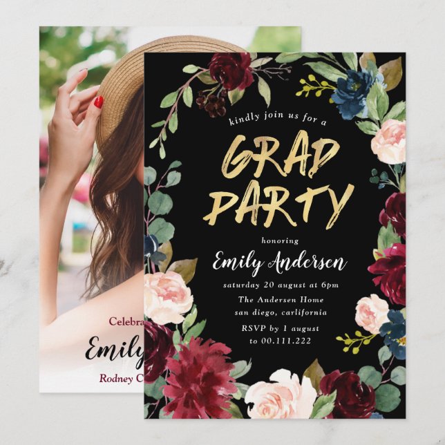 Invitation Burgundy floral brush script blac graduation (Devant / Derrière)