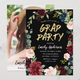 Invitation Burgundy floral brush script blac graduation party